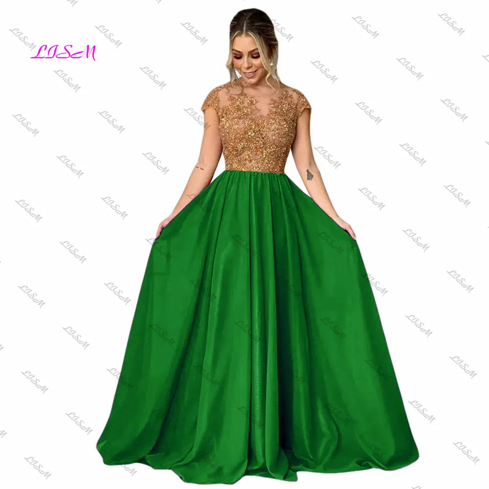 Elegant A-Line Chiffon Prom Dress Long Beaded Appliques Scoop Cap Sleeves Evening Gowns Illusion Back Formal Occasion Dresses