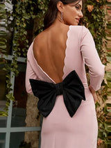 Elegant Backless Big Bow Midi Dress for Women Fashion Three Quarter Sleeve Split Dress 2024 New Spring Summer Slim Party Vestido