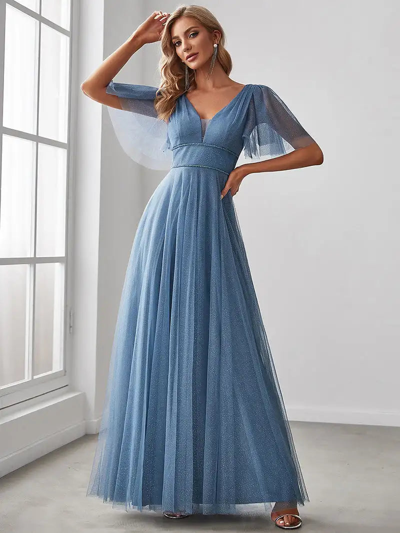 Elegant Evening Dress Long A-Line V Neck High Waist Floor-Length Gown 2024 Ever Pretty of Gauze Simple Prom Wome Party Dress