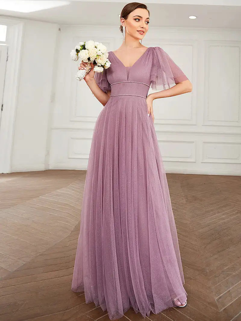 Elegant Evening Dress Long A-Line V Neck High Waist Floor-Length Gown 2024 Ever Pretty of Gauze Simple Prom Wome Party Dress