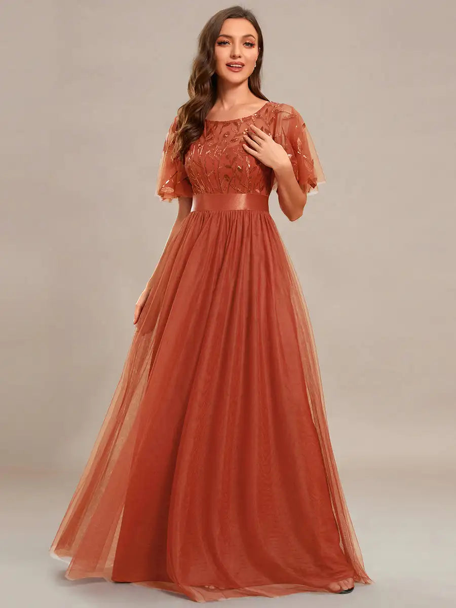 Elegant Evening Dresses Sequin Print Maxi Long with Cap Sleeve A-LINE 2024 Ever Pretty of Gauze Burnt Orange Bridesmaid dress