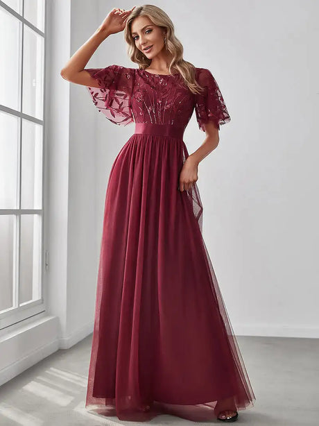 Elegant Evening Dresses Sequin Print Maxi Long with Cap Sleeve A-LINE 2024 Ever Pretty of Gauze Burnt Orange Bridesmaid dress