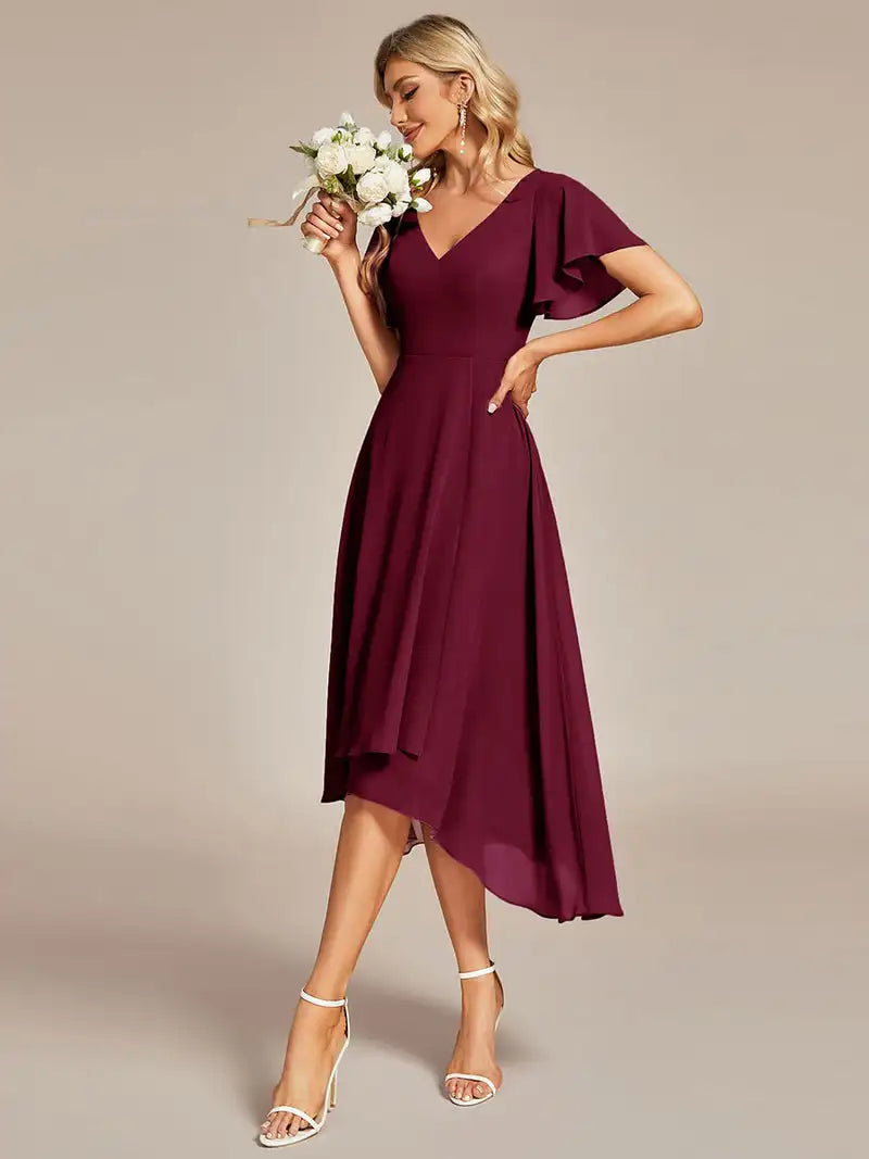 Elegant Evening Dresses V-Neck High Low CHiffon Ruffles Knee-Length 2024 of BAZIIINGAAA Hidden zipper Burgundy Bridesmaid dress