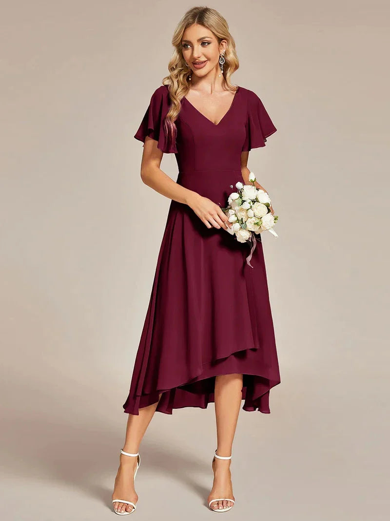 Elegant Evening Dresses V-Neck High Low CHiffon Ruffles Knee-Length 2024 of BAZIIINGAAA Hidden zipper Burgundy Bridesmaid dress