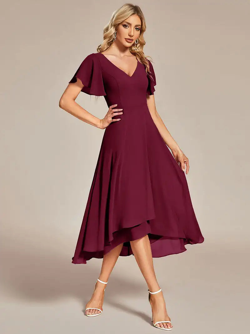 Elegant Evening Dresses V-Neck High Low CHiffon Ruffles Knee-Length 2024 of BAZIIINGAAA Hidden zipper Burgundy Bridesmaid dress