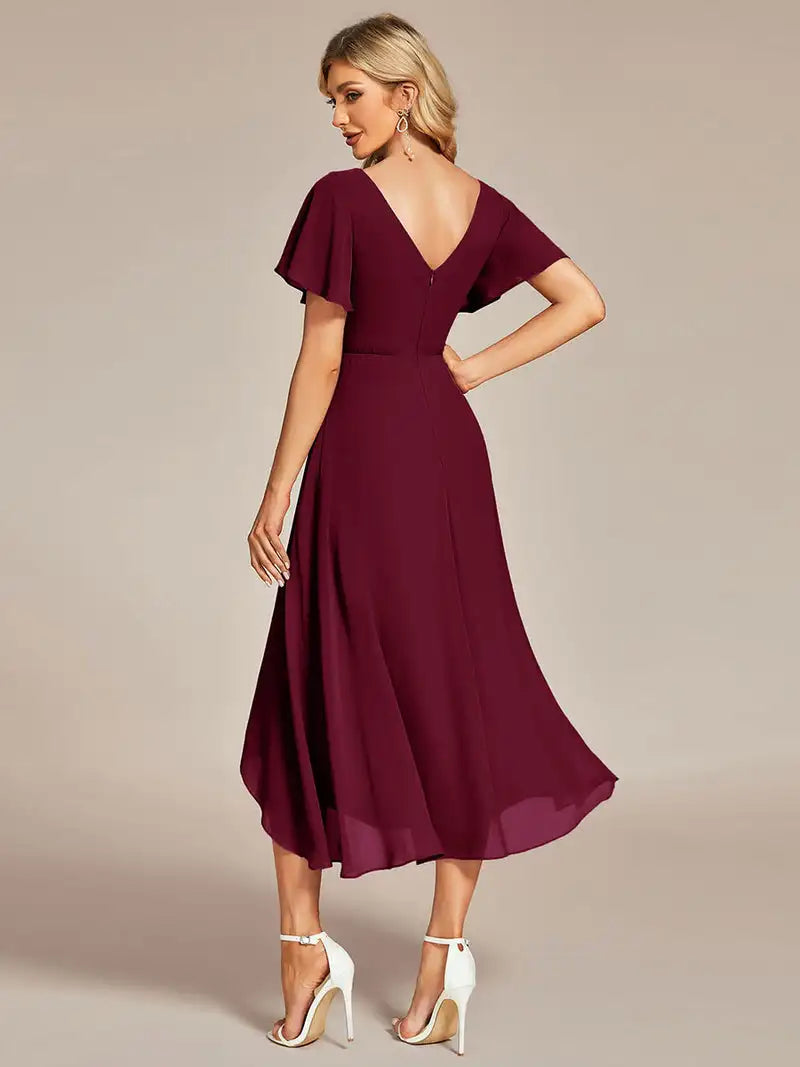 Elegant Evening Dresses V-Neck High Low CHiffon Ruffles Knee-Length 2024 of BAZIIINGAAA Hidden zipper Burgundy Bridesmaid dress