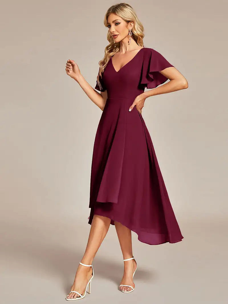 Elegant Evening Dresses V-Neck High Low CHiffon Ruffles Knee-Length 2024 of BAZIIINGAAA Hidden zipper Burgundy Bridesmaid dress