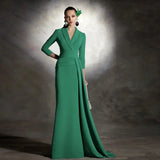 Elegant Green Mother of the Bride Dresses V Neck 3/4 Sleeves Wedding Party Gowns Pleat Floor-Length Mermaid 2024 فساتين السهرة