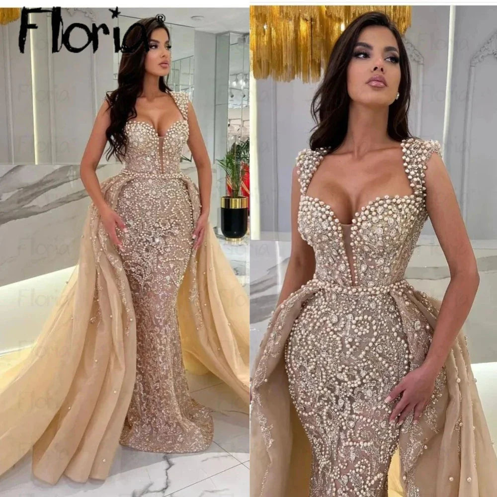 Elegant Light Champagne Queen Anne Party Dress With Detachable Train Tailor Made Middle East Formal Evening Dresses Luxury Bead