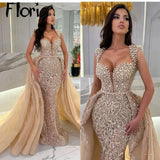 Elegant Light Champagne Queen Anne Party Dress With Detachable Train Tailor Made Middle East Formal Evening Dresses Luxury Bead