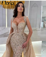 Elegant Light Champagne Queen Anne Party Dress With Detachable Train Tailor Made Middle East Formal Evening Dresses Luxury Bead