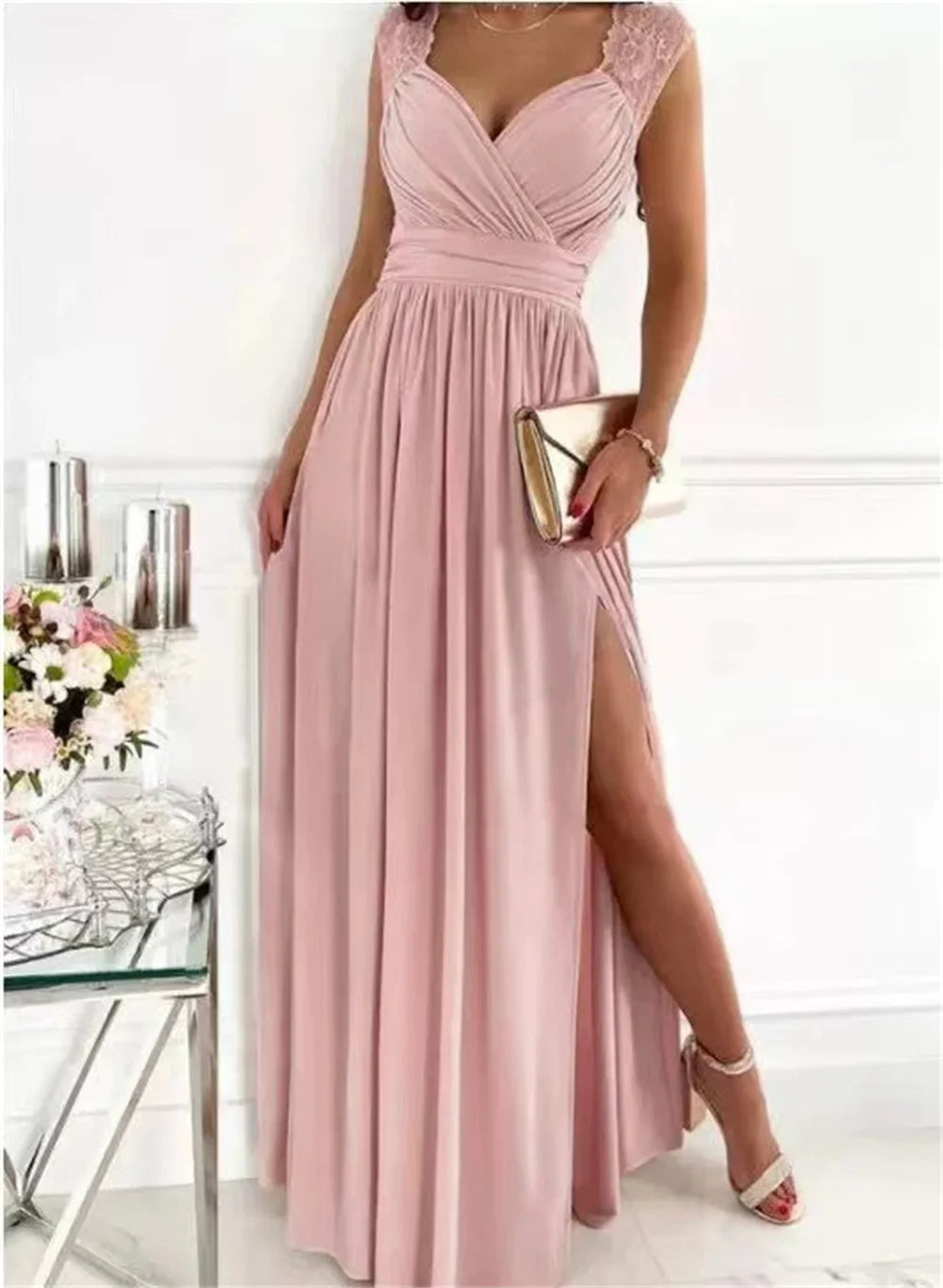 Elegant Long Wedding Bridesmaid Dress For Women Lady Sleeveless Pleated Slit Evening Party Gown High Split Cocktail Prom Dresses