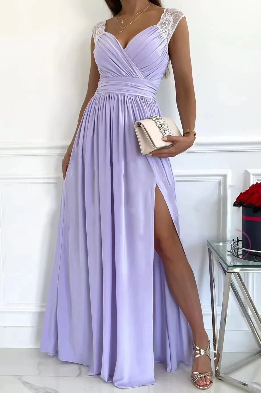 Elegant Long Wedding Bridesmaid Dress For Women Lady Sleeveless Pleated Slit Evening Party Gown High Split Cocktail Prom Dresses