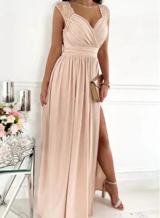 Elegant Long Wedding Bridesmaid Dress For Women Lady Sleeveless Pleated Slit Evening Party Gown High Split Cocktail Prom Dresses