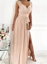 Elegant Long Wedding Bridesmaid Dress For Women Lady Sleeveless Pleated Slit Evening Party Gown High Split Cocktail Prom Dresses