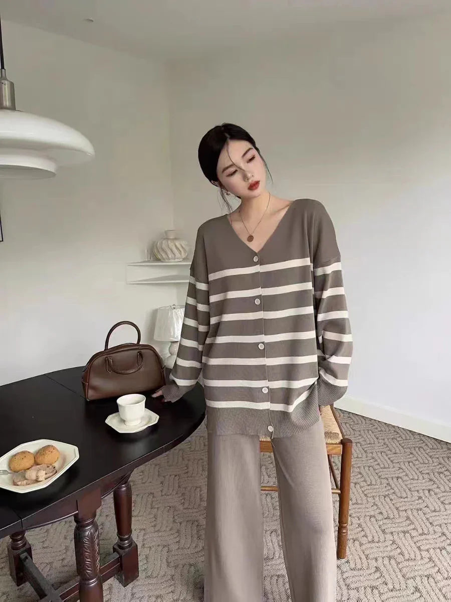 Elegant O-neck Side Slit Pullover Long Sleeve Sweater+wide Leg Pants 2 Piece Sets Womens Autumn Solid Color Casual Sweatshirts