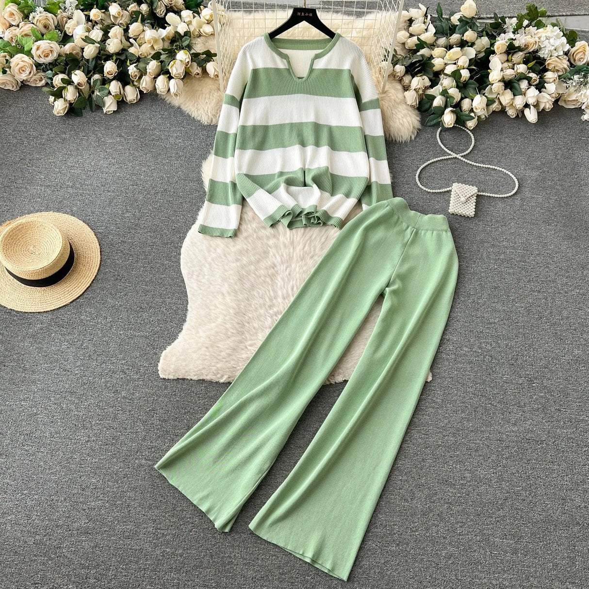 Elegant O-neck Side Slit Pullover Long Sleeve Sweater+wide Leg Pants 2 Piece Sets Womens Autumn Solid Color Casual Sweatshirts