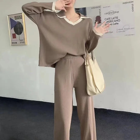 Elegant O-neck Side Slit Pullover Long Sleeve Sweater+wide Leg Pants 2 Piece Sets Womens Autumn Solid Color Casual Sweatshirts