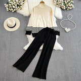 Elegant O-neck Side Slit Pullover Long Sleeve Sweater+wide Leg Pants 2 Piece Sets Womens Autumn Solid Color Casual Sweatshirts