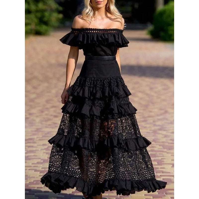 Elegant One-Shoulder Solid Ruffle Long Evening Dress Summer Fashion Sleeveless Swing Dress Classic Lace Hollow Party Sexy Dress