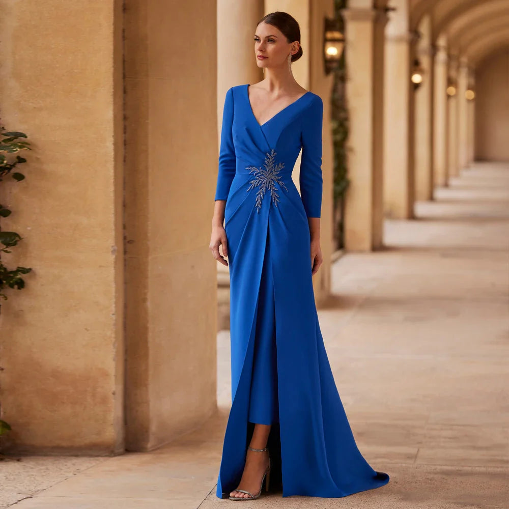 Elegant Royal Blue Mother of the Bride Dresses V Neck 3/4 Sleeve Wedding Party Gowns Applique Floor Length Mermaid فساتين السهرة