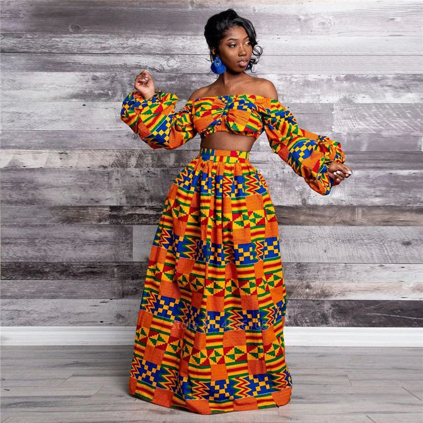 Elegant Women Two Piece Set Dress Sexy Slash-neck Sleeveless Blouse Top +High Slit Skirt Vintage Africa National Print Lady Suit