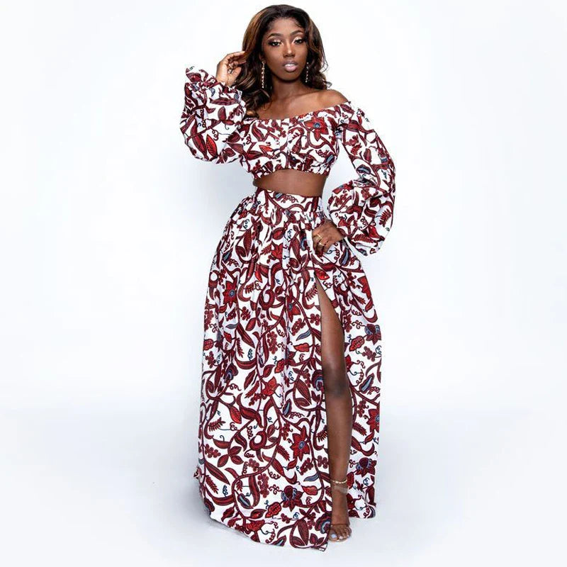 Elegant Women Two Piece Set Dress Sexy Slash-neck Sleeveless Blouse Top +High Slit Skirt Vintage Africa National Print Lady Suit