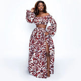 Elegant Women Two Piece Set Dress Sexy Slash-neck Sleeveless Blouse Top +High Slit Skirt Vintage Africa National Print Lady Suit