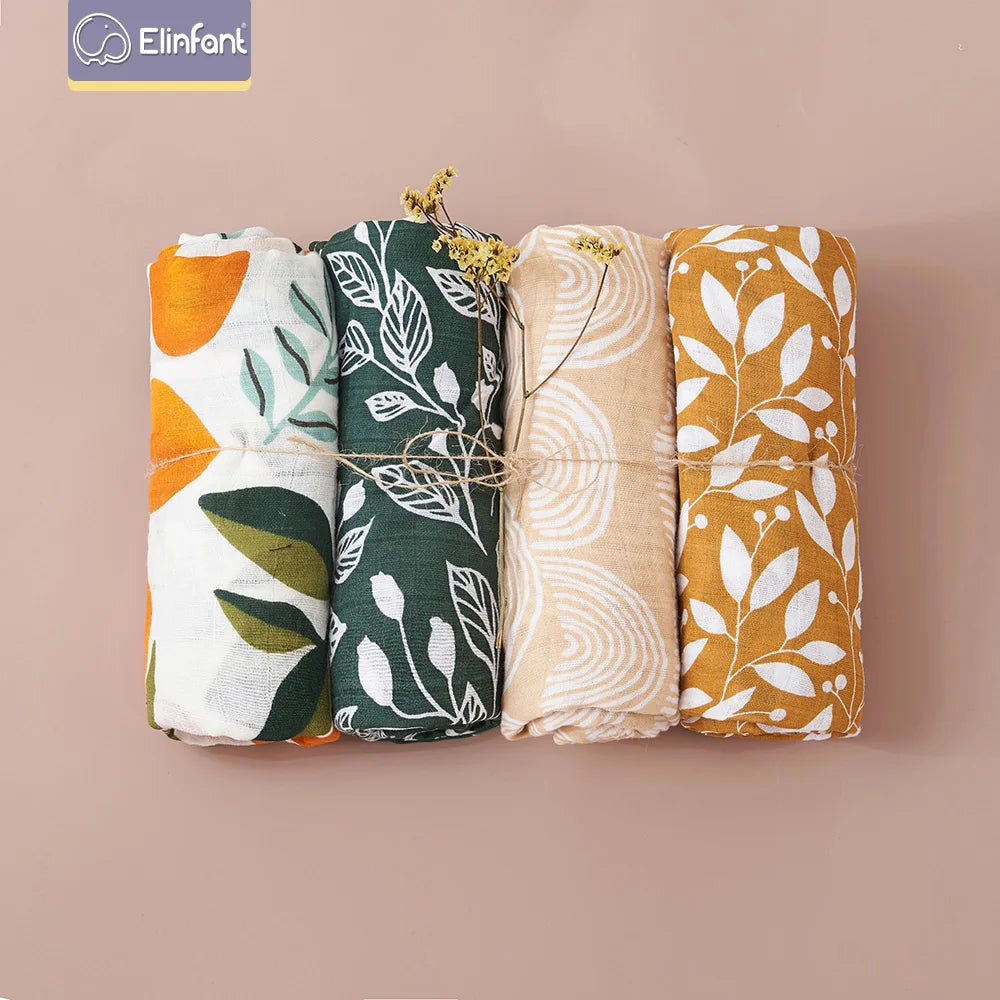 Elinfant 4PCS Gift Set Popular Digital Print Bamboo Cotton Muslin Swaddle Blankets 120*110cm Newborn Baby Bath Towel Wrap