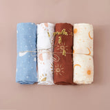 Elinfant 4PCS Gift Set Popular Digital Print Bamboo Cotton Muslin Swaddle Blankets 120*110cm Newborn Baby Bath Towel Wrap