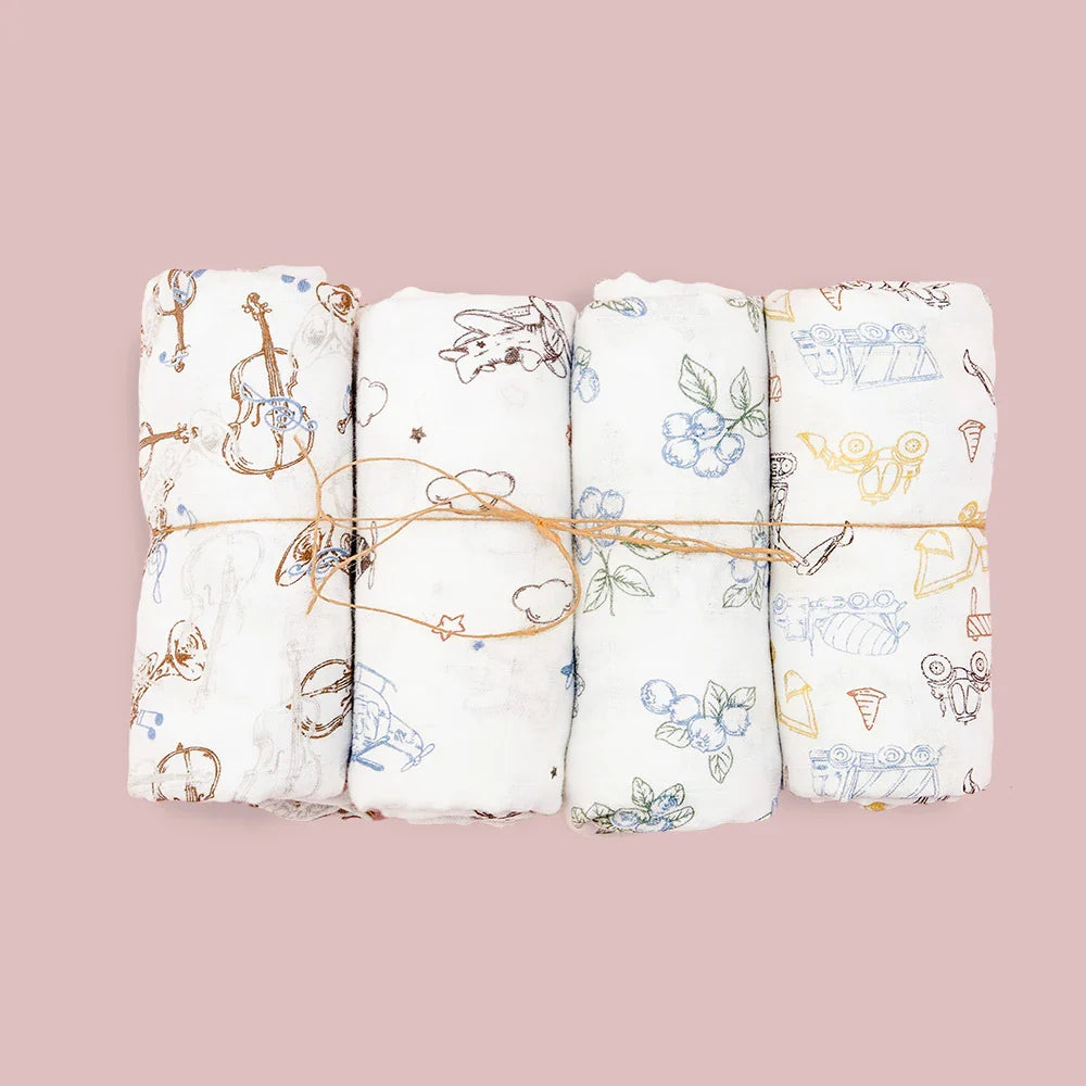Elinfant Rainbow Color 100% Cotton 4PCS Gift Set Popular Muslin Swaddle Blankets Bamboo Cotton Newborn Baby Bath Towel Wrap