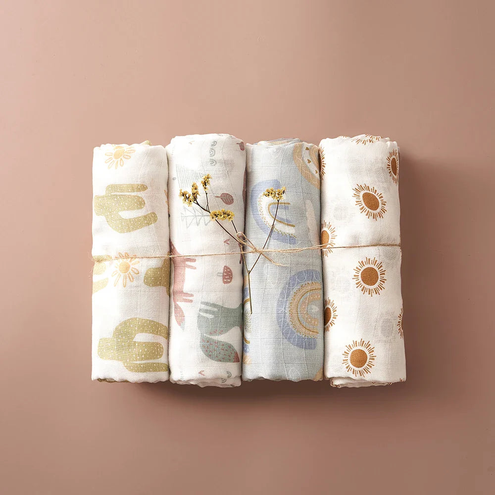 Elinfant Rainbow Color 100% Cotton 4PCS Gift Set Popular Muslin Swaddle Blankets Bamboo Cotton Newborn Baby Bath Towel Wrap