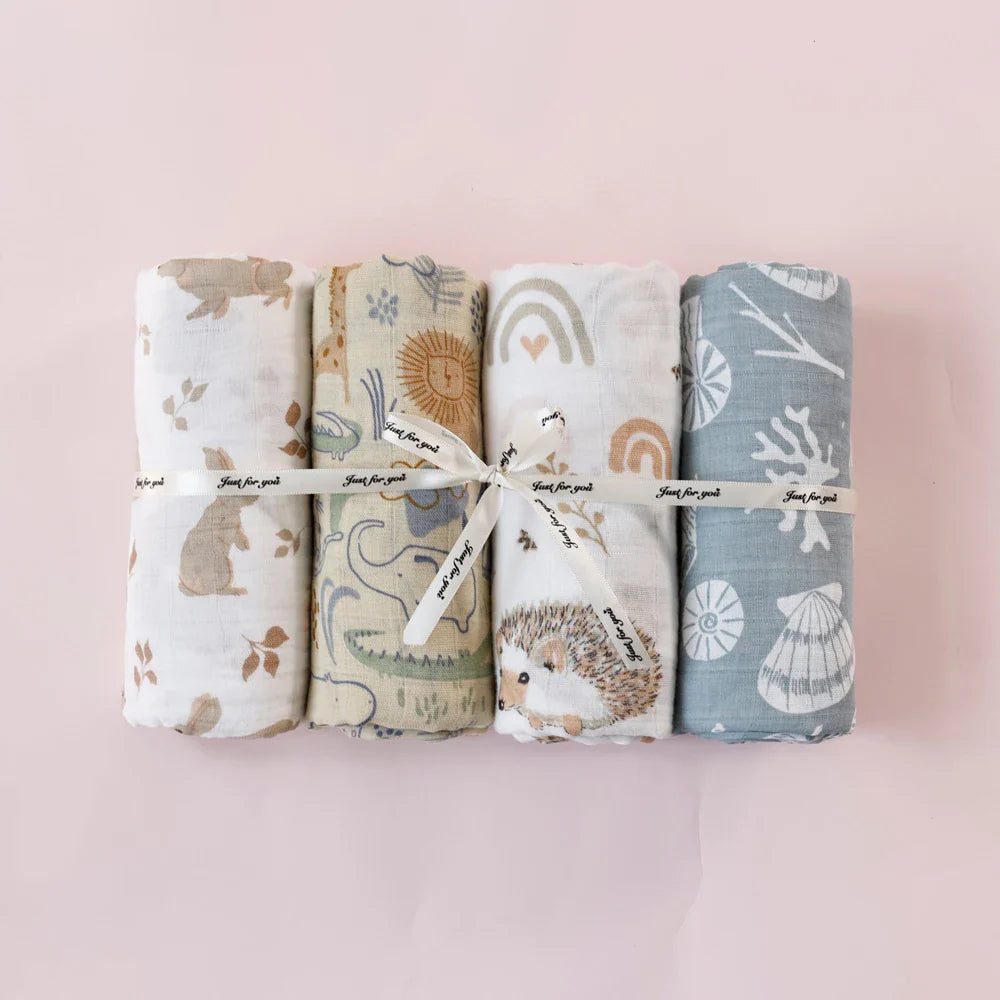 Elinfant Rainbow Color 100% Cotton 4PCS Gift Set Popular Muslin Swaddle Blankets Bamboo Cotton Newborn Baby Bath Towel Wrap