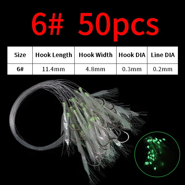 Elllv 50pcs 6# -28# Pre Tied Flash Fish Skin Sabiki Rigs Monofilament Line Saltwater Mackerel Herring Fishing Luminous Lure Hook