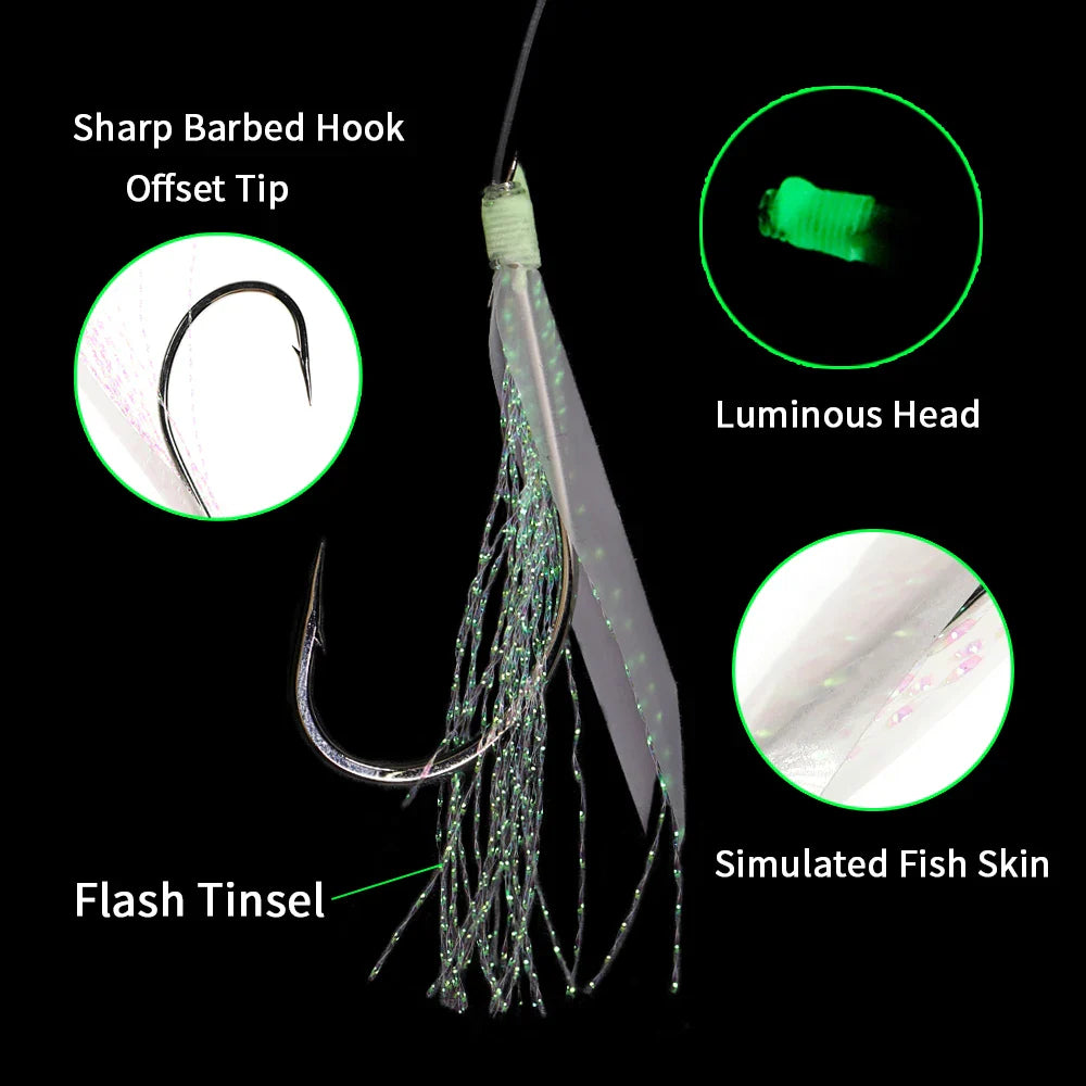 Elllv 50pcs 6# -28# Pre Tied Flash Fish Skin Sabiki Rigs Monofilament Line Saltwater Mackerel Herring Fishing Luminous Lure Hook