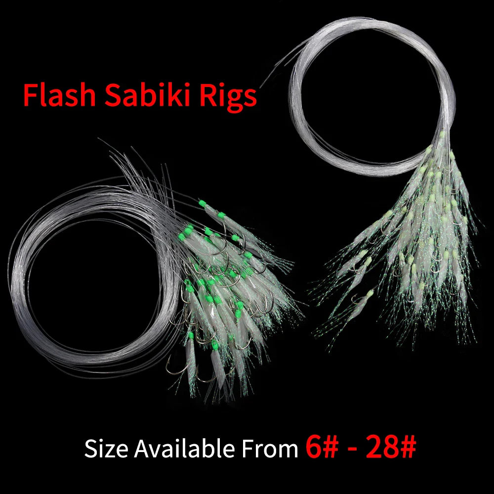 Elllv 50pcs 6# -28# Pre Tied Flash Fish Skin Sabiki Rigs Monofilament Line Saltwater Mackerel Herring Fishing Luminous Lure Hook