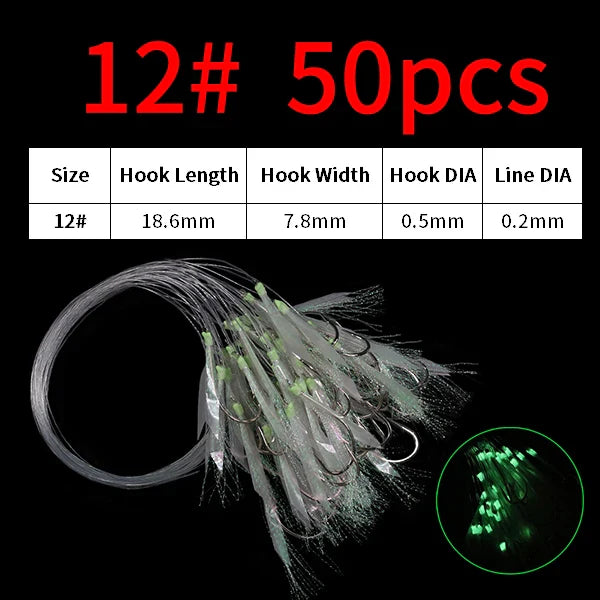 Elllv 50pcs 6# -28# Pre Tied Flash Fish Skin Sabiki Rigs Monofilament Line Saltwater Mackerel Herring Fishing Luminous Lure Hook