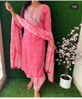 Embroidery Salwar Kameez Diwali Women Suit Pink Rayon Kurti Pant Dupatta