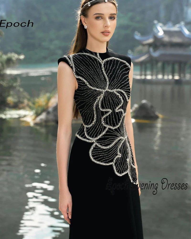 Epoch Luxury Evening Dress فساتين السهرة 2024 New Arabia Elegant Crystal O-Neck Straight Women Sexy Black Cocktail Prom Gown