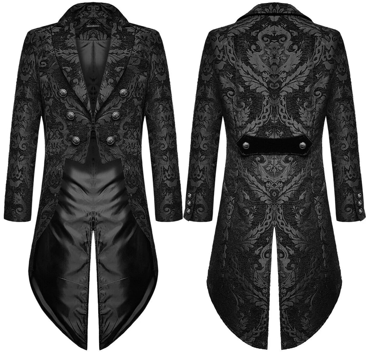 European Clothing Classical Devil Mens Gothic Steampunk Tailcoat Jacket Black Brocade Damask Wedding