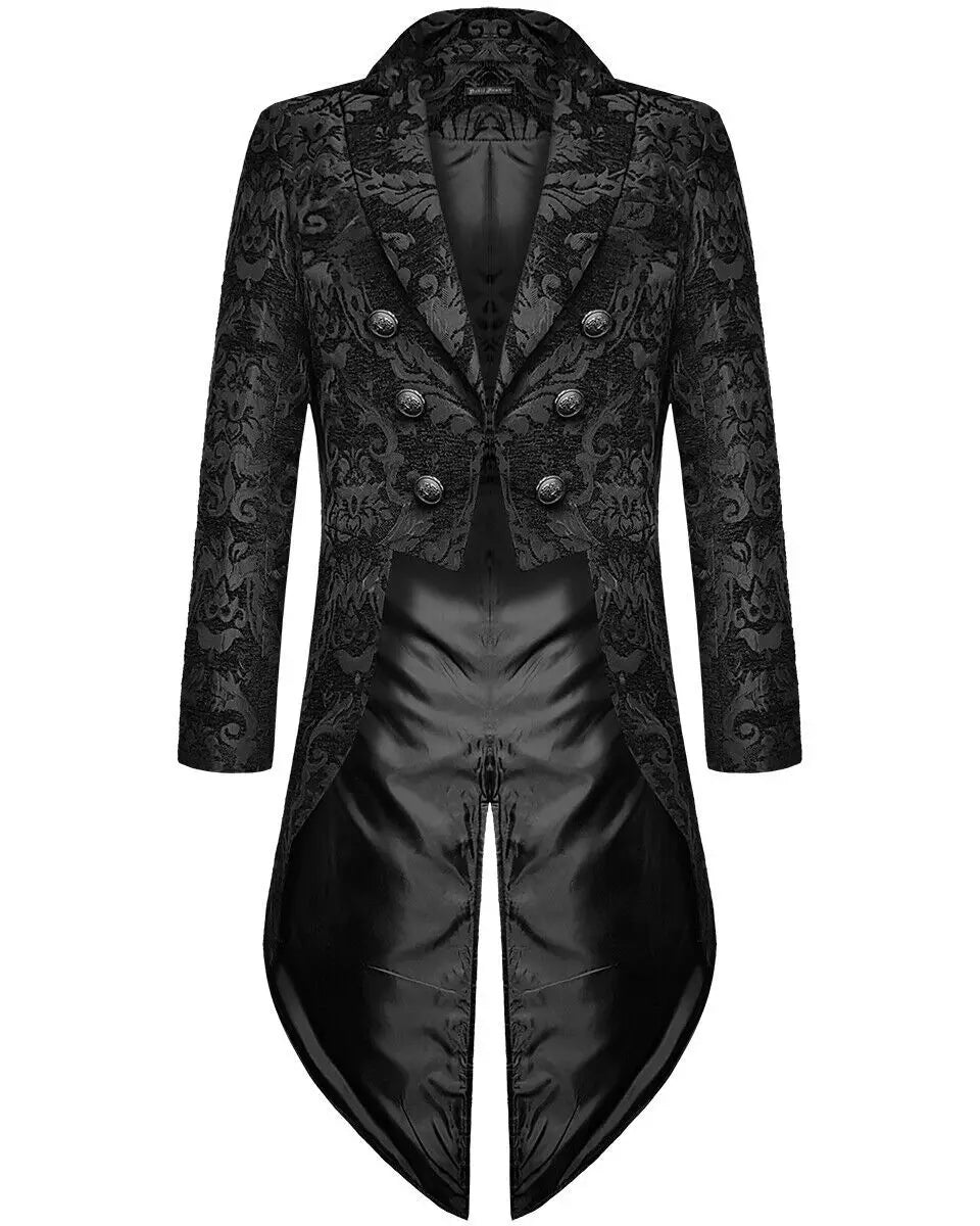 European Clothing Classical Devil Mens Gothic Steampunk Tailcoat Jacket Black Brocade Damask Wedding