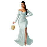 European and American Women's Sexy Long Dress New Style Dress Solid Color Long Sleeve Split Dress