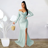 European and American Women's Sexy Long Dress New Style Dress Solid Color Long Sleeve Split Dress