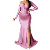 European and American Women's Sexy Long Dress New Style Dress Solid Color Long Sleeve Split Dress