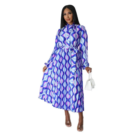 European and American plus-size women plus-color pleated dress with long sleeve printing