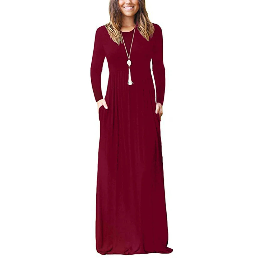 European and American women's clothing autumn new style long sleeve round collar loose dress solid color long dress