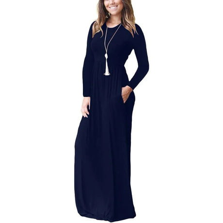 European and American women's clothing autumn new style long sleeve round collar loose dress solid color long dress