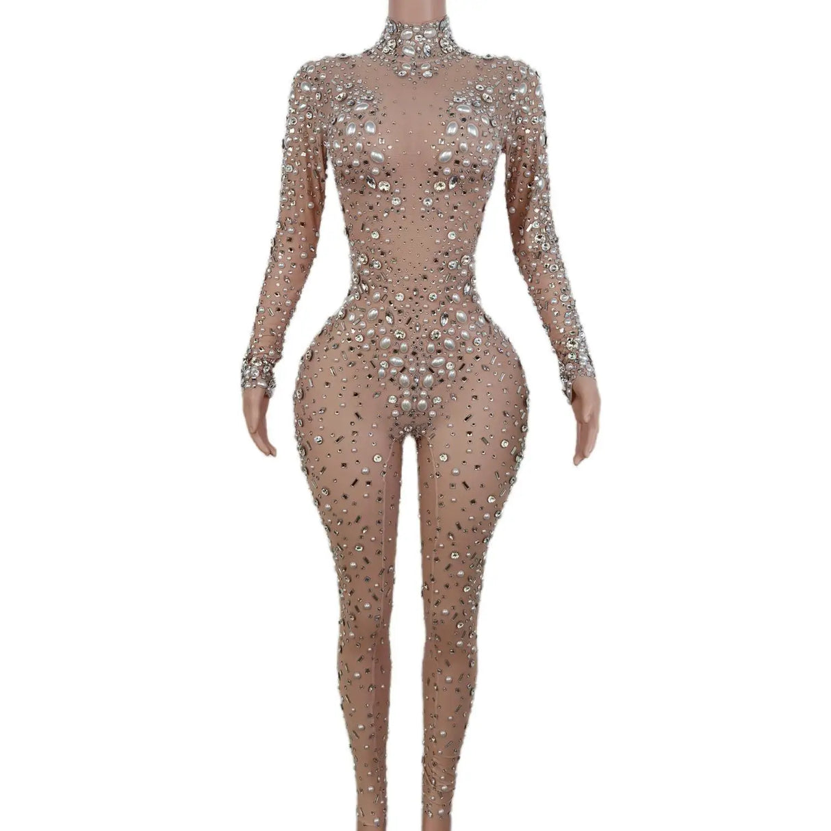 Evening Birthday Celebrate Sexy Rompers Prom Party Singer Costume Show Wear Big Pearl Bling Silver Stones Mesh Jumpsuit