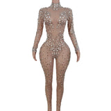 Evening Birthday Celebrate Sexy Rompers Prom Party Singer Costume Show Wear Big Pearl Bling Silver Stones Mesh Jumpsuit