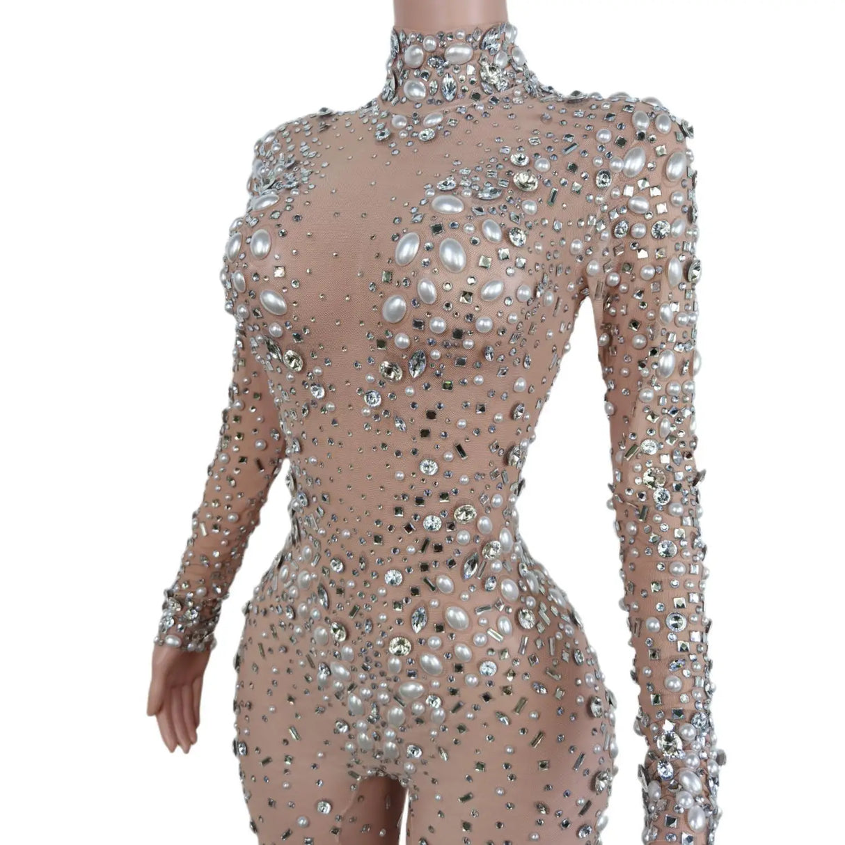 Evening Birthday Celebrate Sexy Rompers Prom Party Singer Costume Show Wear Big Pearl Bling Silver Stones Mesh Jumpsuit